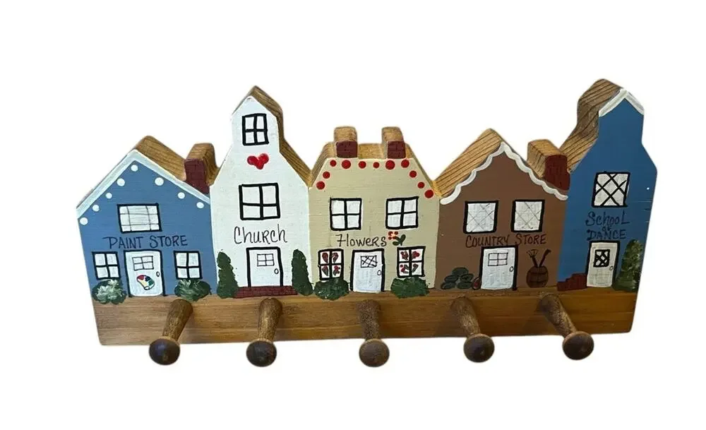 Vtg Handpainted Folk Art 5 Peg Key Rack Holder CottageCore Kitsch 9” Jewelry